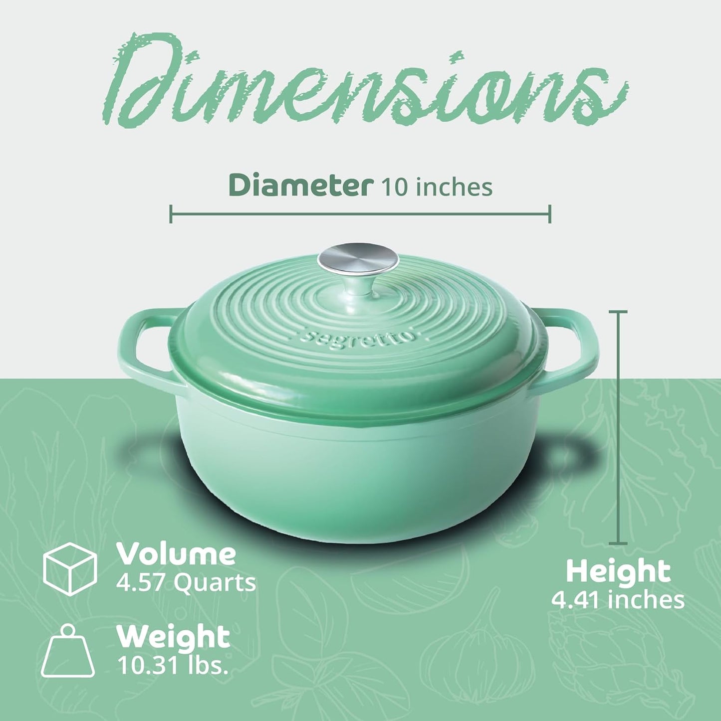 Segretto Cookware Enameled Cast Iron Dutch Oven with Handle, 4.57 Quarts, Verde Chiaro (Gradient Green) Oven Safe Dutch Oven Pot With Lid Ceramic Enamel Cast Iron Pot Cookware | Bread Oven