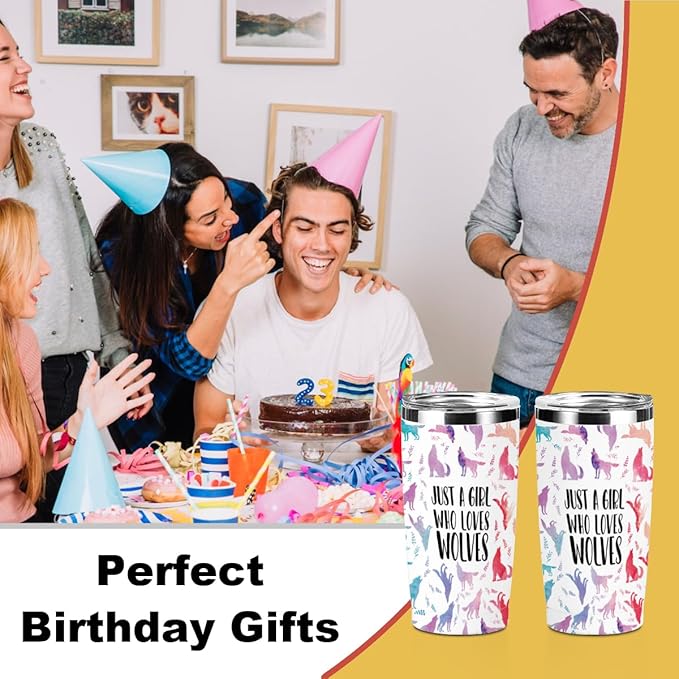 Cute Wolf Stuff Tumbler, Wolf Decor 20 oz Stainless Steel Coffee Mug，Travel Cup，Insulated Cup with Lid for Car, Perfect Gifts for Girl Sister Friend Animal Lover Christmas Birthday