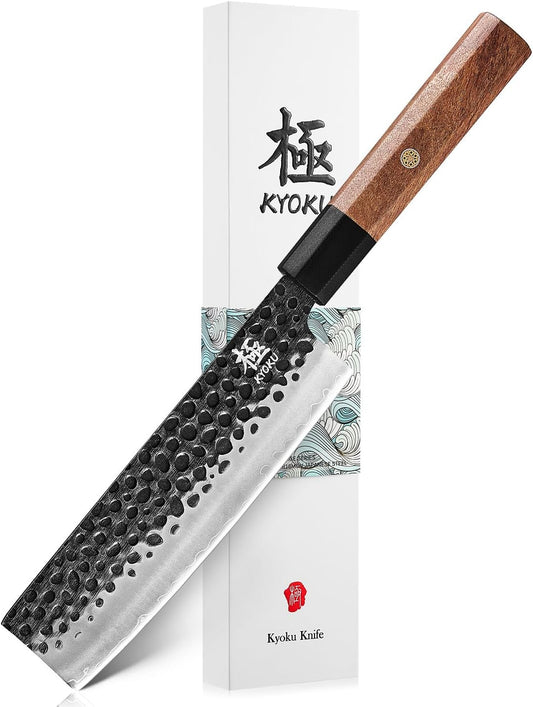 KYOKU Nakiri Knife, Kage Series 7" Kitchen Knife with 3-Layer Laminated Steel Blade Rosewood Handle, Japanese Nakiri Chef Knife with Sheath, Vegetable Knife for Chopping Slicing Mincing and More