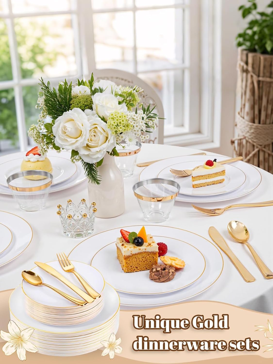 WDF 150Pcs White and Gold Plastic Plates - Gold Plates Disposable - 25guest Disposable Dinnerware Include 25 Dinner Plate, 25 Dessert Plate, 25 Cutlery & 25 9oz Cups for Wedding & Thanksgiving Party