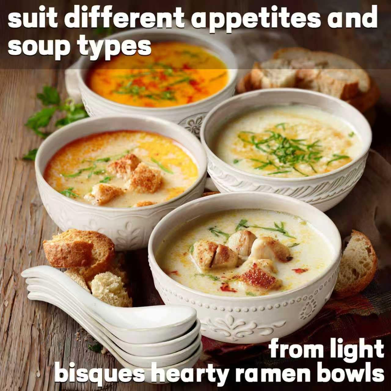 Artena Soup Bowls 32 OZ, Cereal Bowls Set of 4, White Embossment Ceramic Ramen Bowl for Salad, Dinner, Pho, Noodle, Pasta, Snacks, Dishwasher Microwave Safe, 6.3 Inch, Willow Leaf