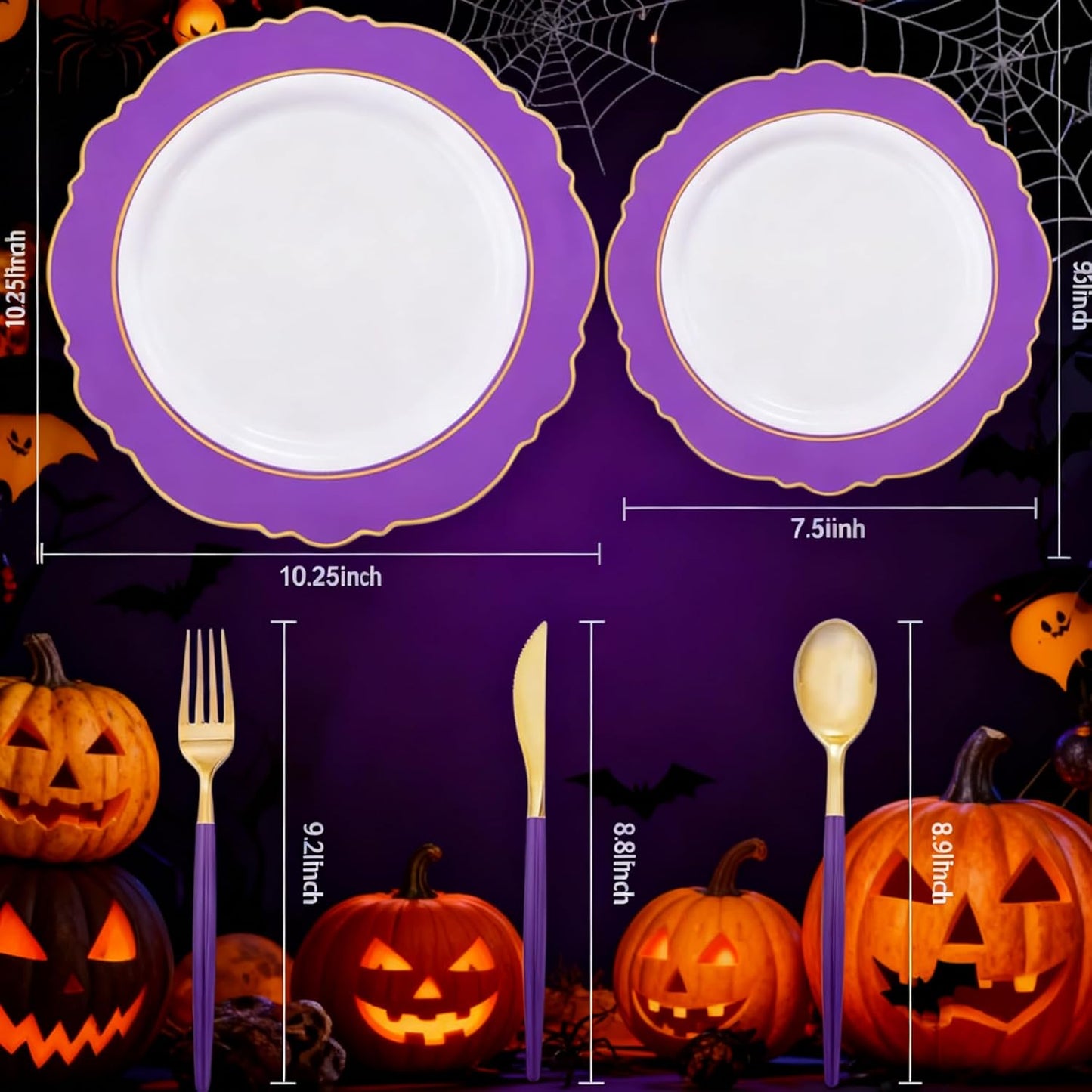 WDF 30Guest Purple Plastic Plates with Gold Rim & Disposable Gold Plastic Silverware With Purple Handle - Baroque Party Plates Mardi Gras Plate for Birthday Parties/Halloween