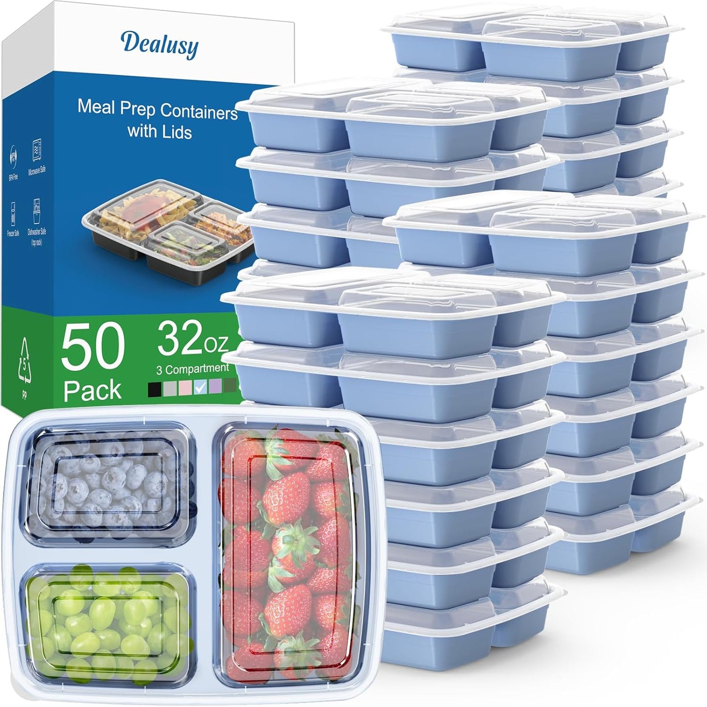 50 Pack (100-Piece) 32 oz Meal Prep Containers Reusable with Lids 3-Compartment, To Go Take Out Plastic Food Storage Containers, Sturdy Leakproof Food Safe, Microwave Freezer Dishwasher Safe, Blue