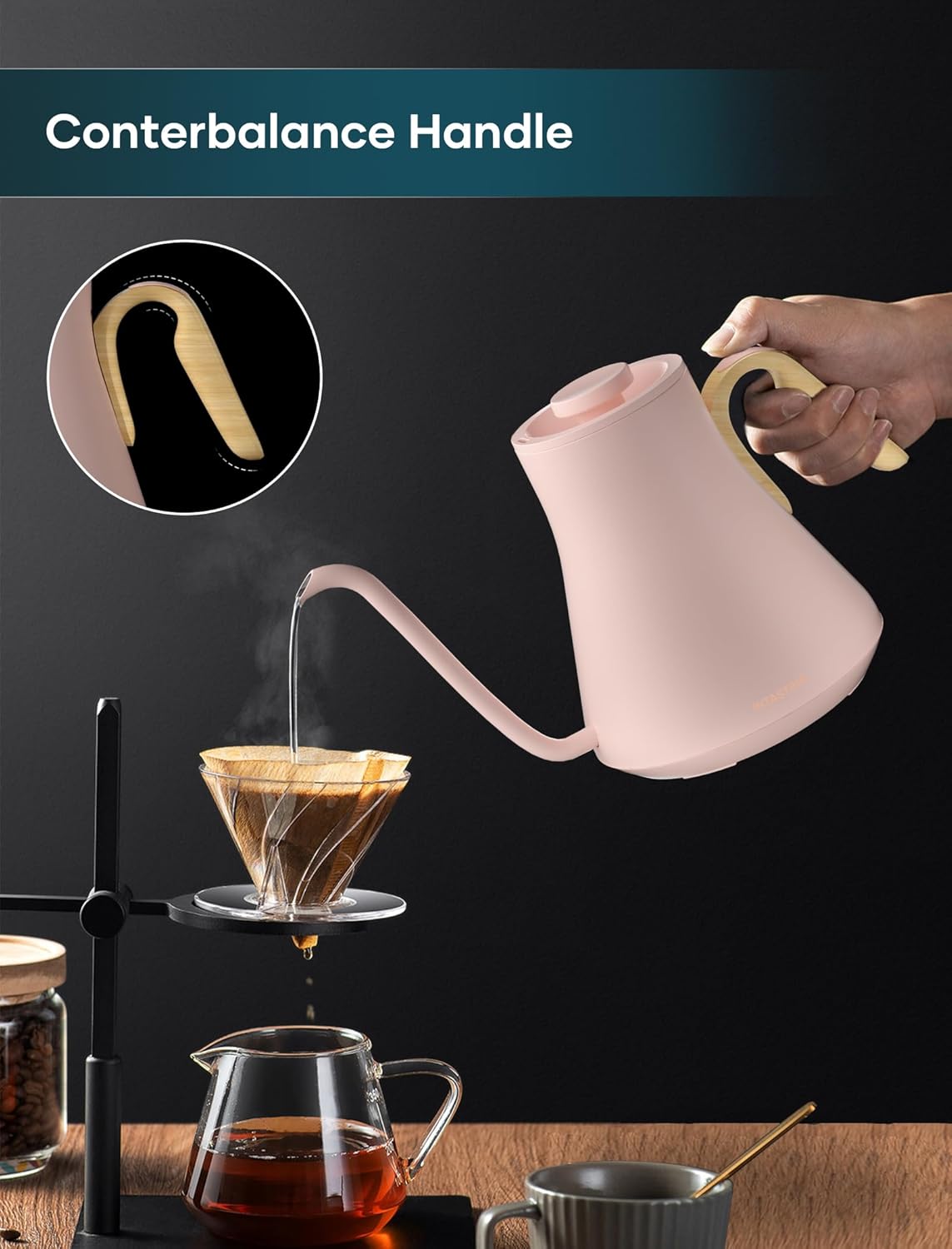 Gooseneck Electric Kettle with ±1℉ Temperature Control for Pour Over Coffee & Tea, Quick Heating, BPA-Free Stainless Steel, Built-in Brew Timer, 1500W/0.9L (Petal Pink)