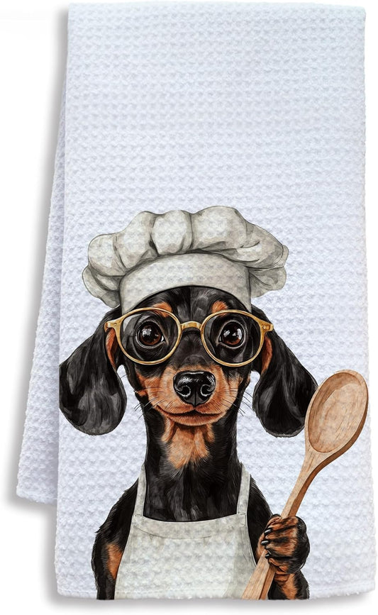 Funny Weiner Dog Chef Kitchen Towels, Gifts for Dachshund Lovers Dish Tea Towels for Kitchen, Chef Gifts for Men Women Decorative Hand Towel, 16x24 Inch