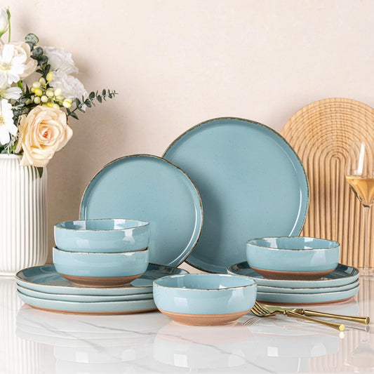 AmorArc Ceramic Dinnerware Sets for 4, 12 Pieces Handpainted Plates and Bowls Set with Rustic Terracotta Underside, Scratch Resistant Stoneware Dishes Set, Dishwasher & Microwave Safe