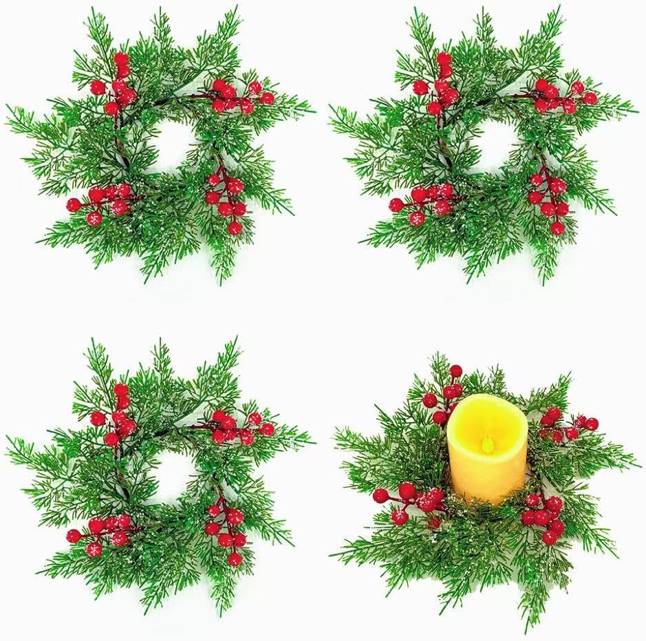 4Pcs Mini Christmas Candle Rings Wreaths, 10Inch Christmas Pine Kitchen Cabinet Candle Holder with Red Berries for Table Cenderpiece Chair Wall Window Decor