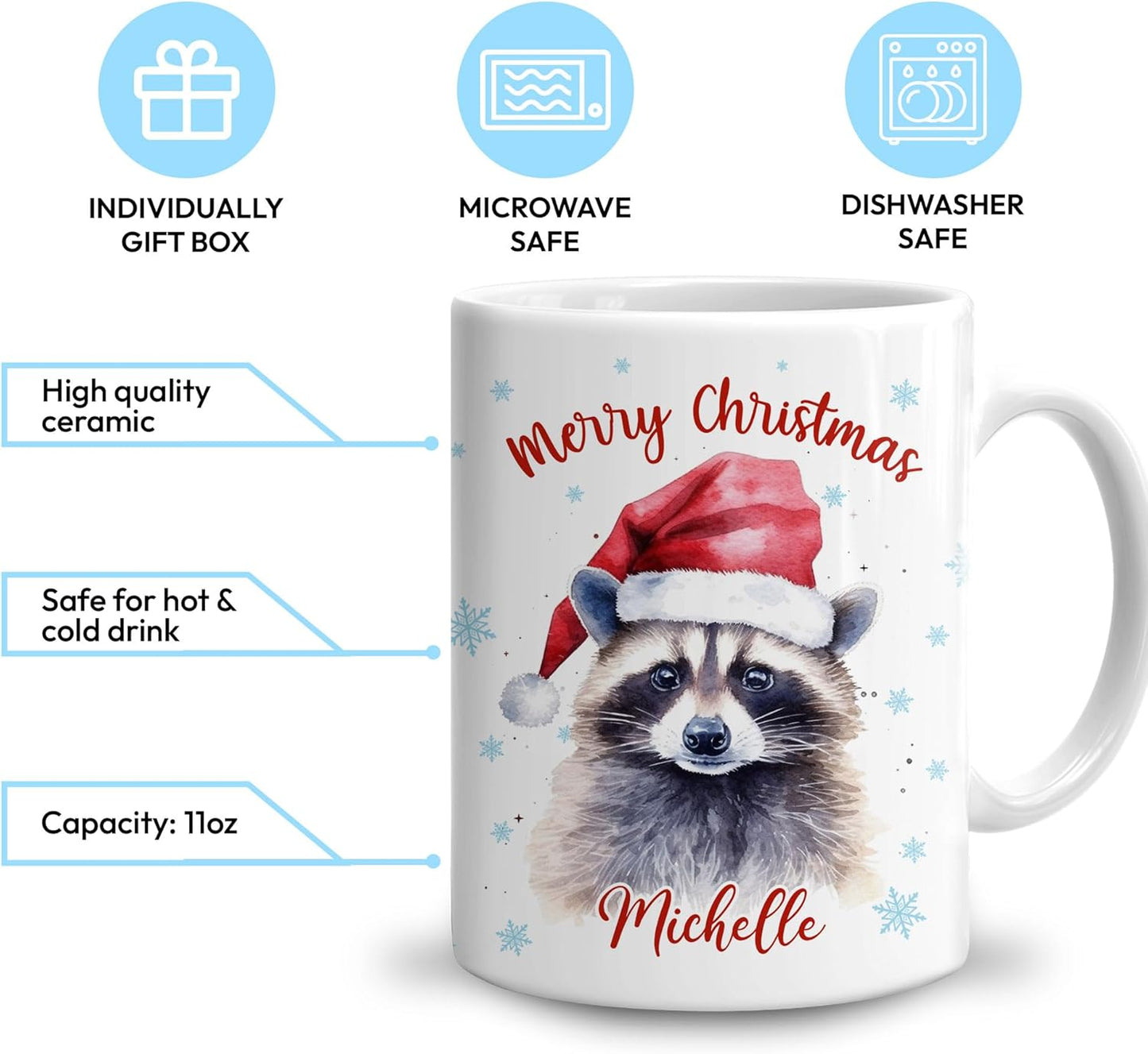 Hyturtle Personalized Gifts Raccoon Lover - Raccoon Wearing Santa Hat Custom Name Ceramic Coffee Mug Cup 11oz - Cute Animal Lovers Gifts For Women, Girl kids Family On Birthday, Christmas