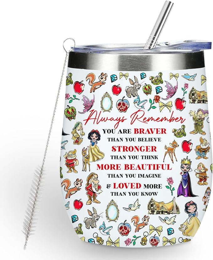 Magical Cute Wine Tumbler, Inspired Character Christmas Birthday Gifts for Women Girls Magic Inspirational Encouragement Gifts Coffee Cup Insulated Stainless Steel 12oz Wine Glass with Lid, Straw