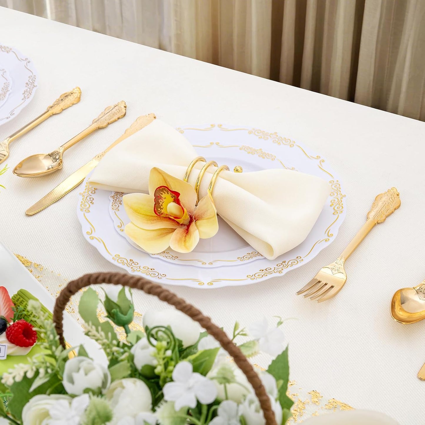 DaYammi 150Pcs White Gold Plastic Plates & Plastic Silverware, Gold Disposable Plates for Party Include 30 Dinner Plate, 30 Dessert Plate, 30 Knives, 30 Forks, 30 Spoons for Thanksgiving Party Holiday