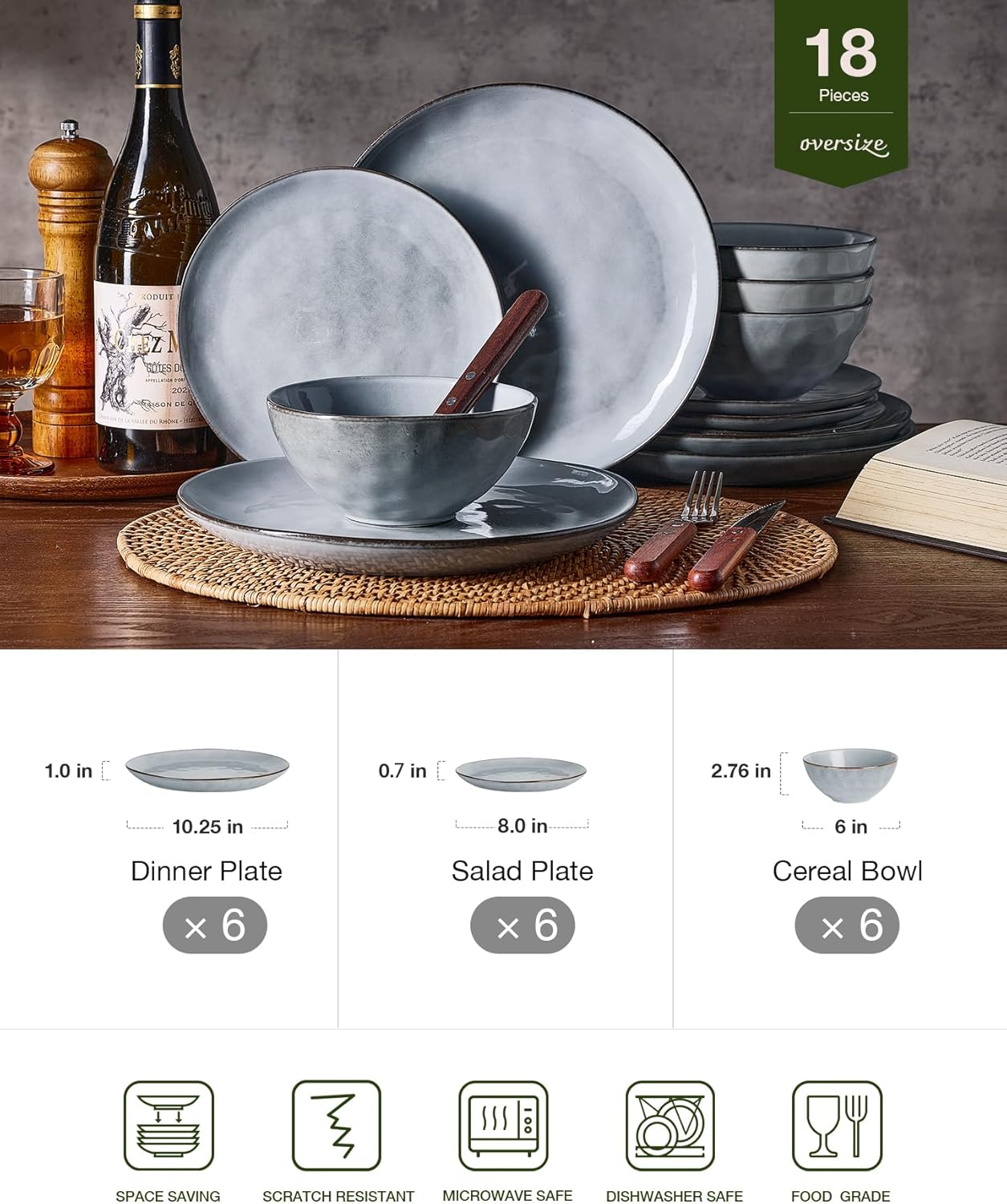 Famiware Ocean Round Plates and Bowls Set, 18 Pieces Dinnerware Sets, Dishes Set for 6, Reactive Glaze, Microwave and Dishwasher Safe, Scratch Resistant, Grey