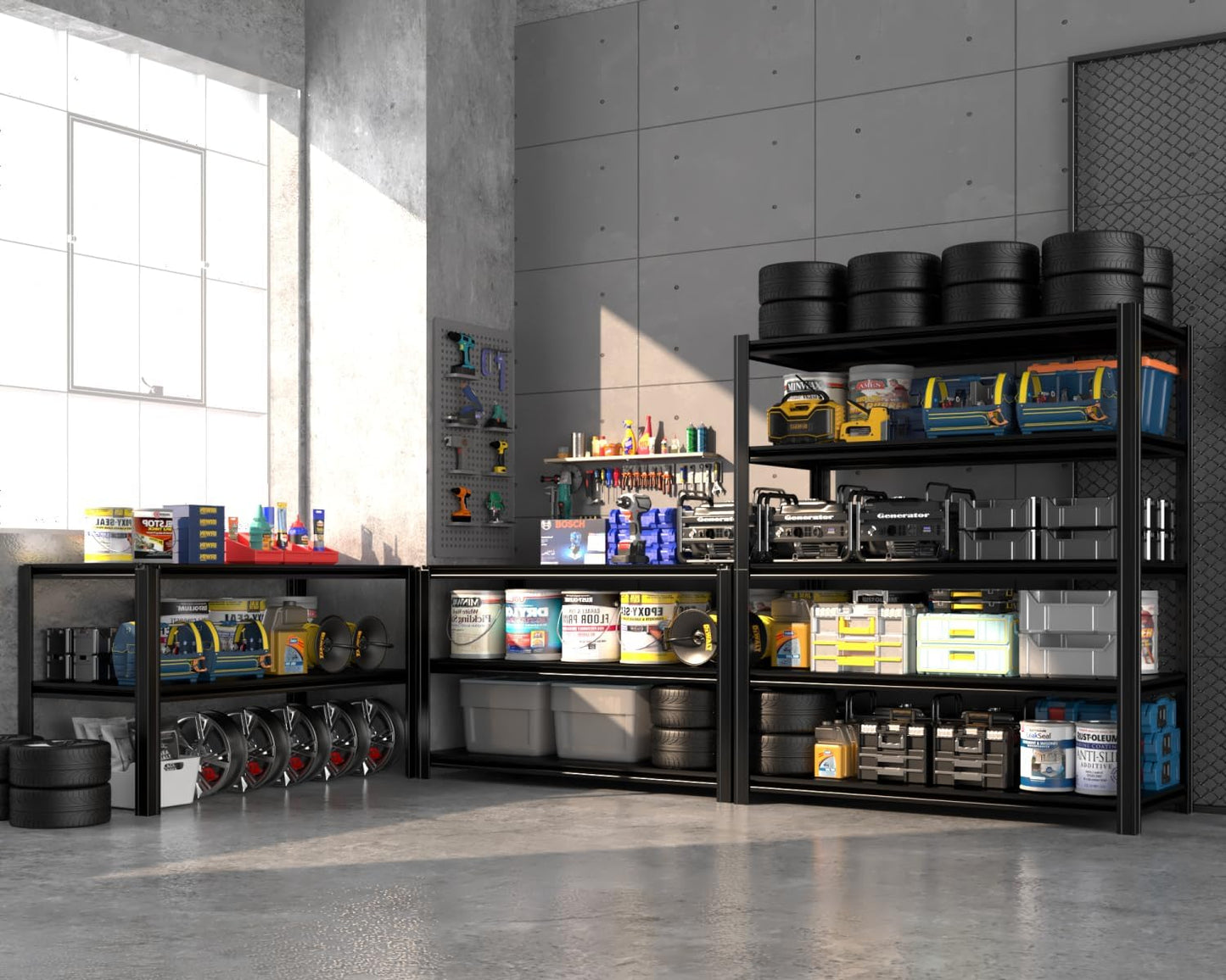 55.12" W Father&I 5-Shelf Industrial Adjustable Heavy-Dudy Tall Metal Steel Garage Storage Shelves Shelving Units/Rack System (Commercial) for Basement/Shop/Dorm, 84" H*55.12" W*24" D*, Black