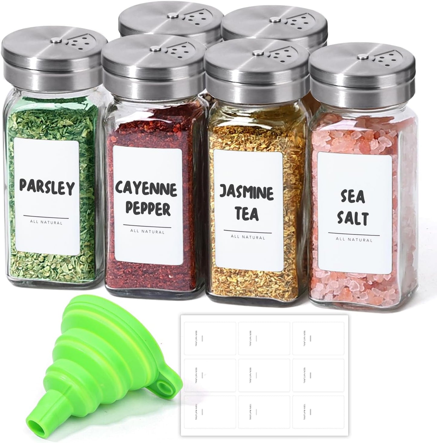 ComSaf 4oz 6PCS Spice Jars with Adjustable Shaker lids，21 Labels, Spice Jars Trial Set & Supplement Set, Empty Ingredient Containers and Square Ingredient Bottles for Kitchen and Seasoning