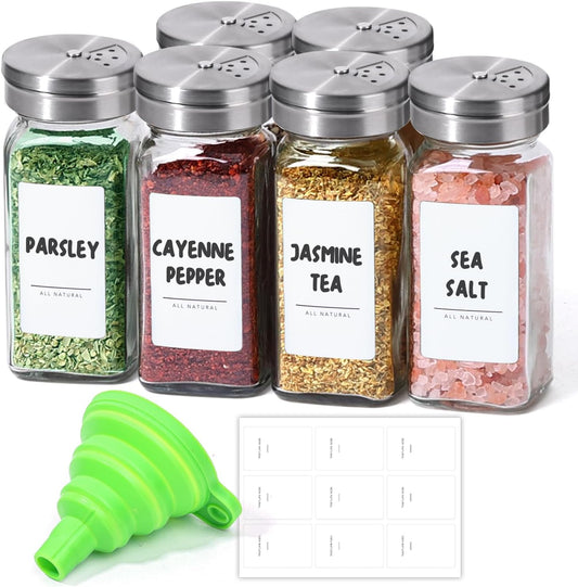 ComSaf 4oz 6PCS Spice Jars with Adjustable Shaker lids，21 Labels, Spice Jars Trial Set & Supplement Set, Empty Ingredient Containers and Square Ingredient Bottles for Kitchen and Seasoning