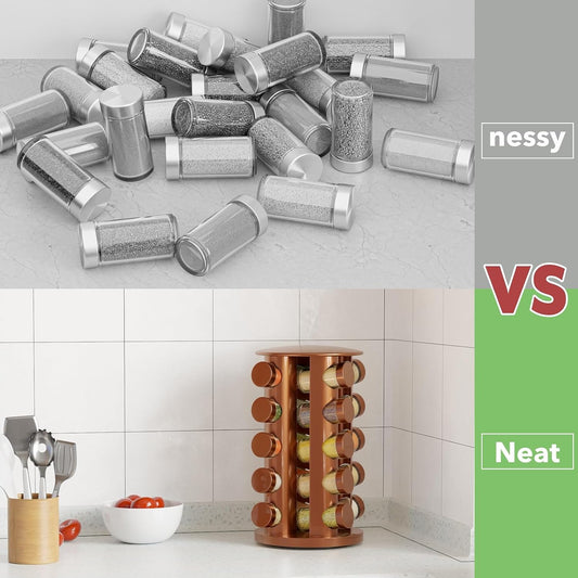 New England Stories Revolving Spice Rack Set with 20 Spice Jars, Kitchen Spice Tower Organizer for Countertop or Cabinet - Carousel Storage Includes 386 Spice Labels (Gold)