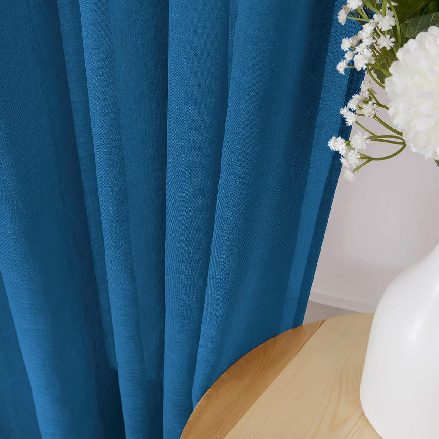 Tollpiz Short Sheer Curtain Linen Textured Bedroom Curtains Sheer Light Filtering Rod Pocket Voile Curtain for Living Room, 54 x 54 inches Long, Classic Blue, Set of 2 Panels