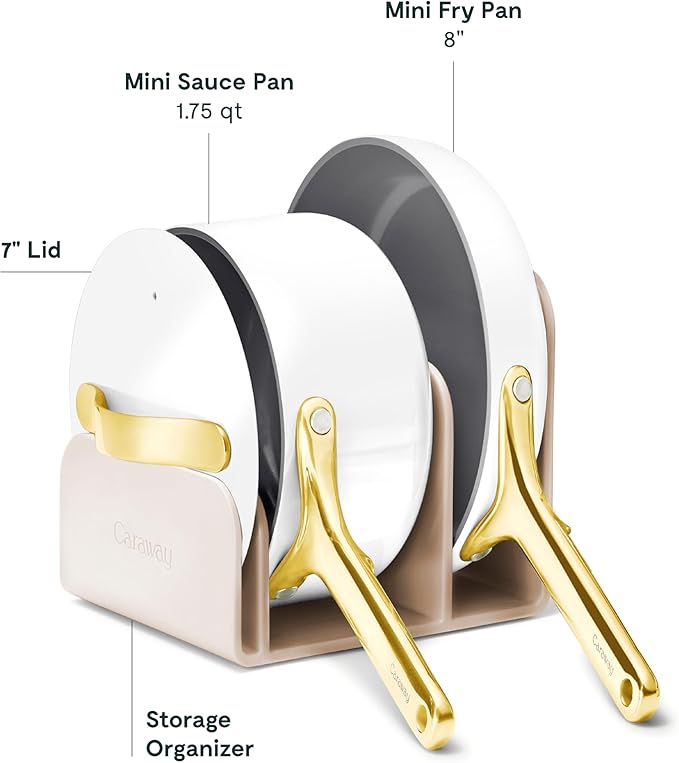 Caraway Mini Cookware Set - Non-Stick Ceramic Fry Pan (1.05 qt, 8") Sauce Pan (1.75 qt) & Storage Rack - Non Toxic, PTFE & PFOA Free - Oven Safe & Stovetop Agnostic (Gas, Electric & Induction) - White