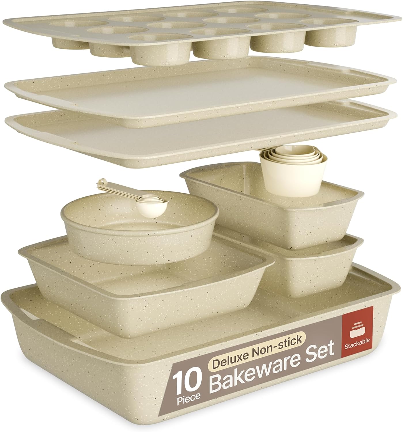 White Marble 10-Piece Bakeware Sets, Nonstick Carbon Steel Baking Sheet & Pans, Stackable Space-Saving Bakeware, Dishwasher Safe, Stain-resistant, PFOAPFOSPTFE Free, Oven Safe Up To 450°F (230°C)