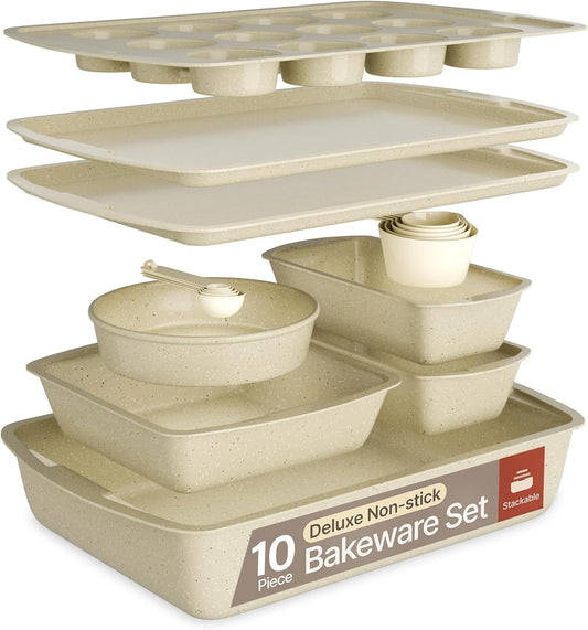 White Marble 10-Piece Bakeware Sets, Nonstick Carbon Steel Baking Sheet & Pans, Stackable Space-Saving Bakeware, Dishwasher Safe, Stain-resistant, PFOAPFOSPTFE Free, Oven Safe Up To 450°F (230°C)