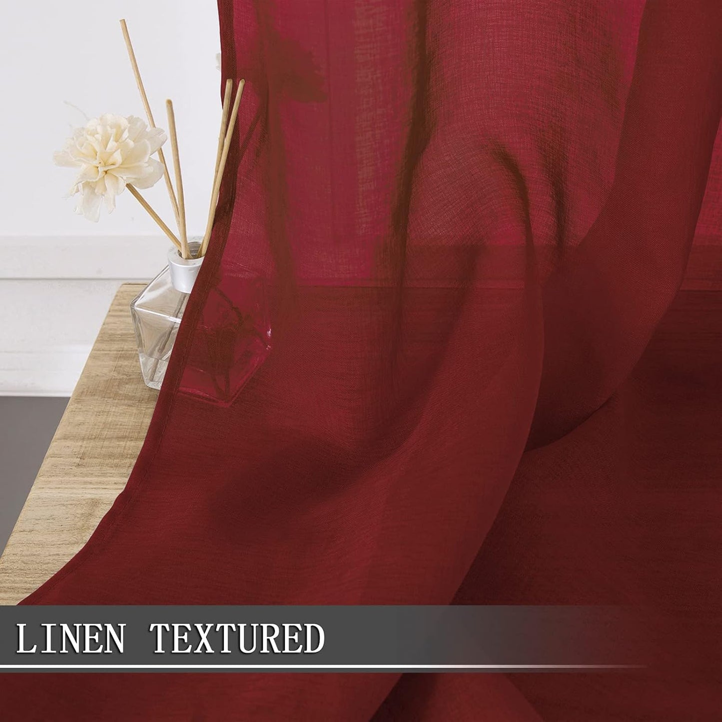 Tollpiz Short Sheer Curtains Linen Textured Living Room Curtain Sheers Light Filtering Rod Pocket Voile Curtains for Bedroom, 42 x 45 inches Long, Burgundy Red, Set of 2 Panels