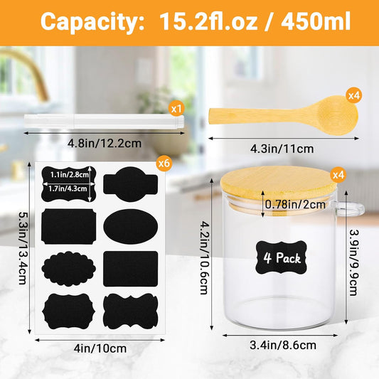 Glass Jars with Bamboo Lids - 4 Pack 15 Fl.oz Round Glass Storage Jars with Airtight Lid and Spoon, Clear Stackable Food Container for Overnight Oats, Spice, Coffee, Sugar, Tea Canister