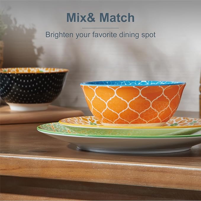 ONEMORE 12 Piece Ceramic Dinnerware Set for 4, Porcelain Plates and Bowls Set - Microwave, Dishwasher & Oven Safe, Durable Everyday & Formal Use, Colorful Stoneware Dish Set