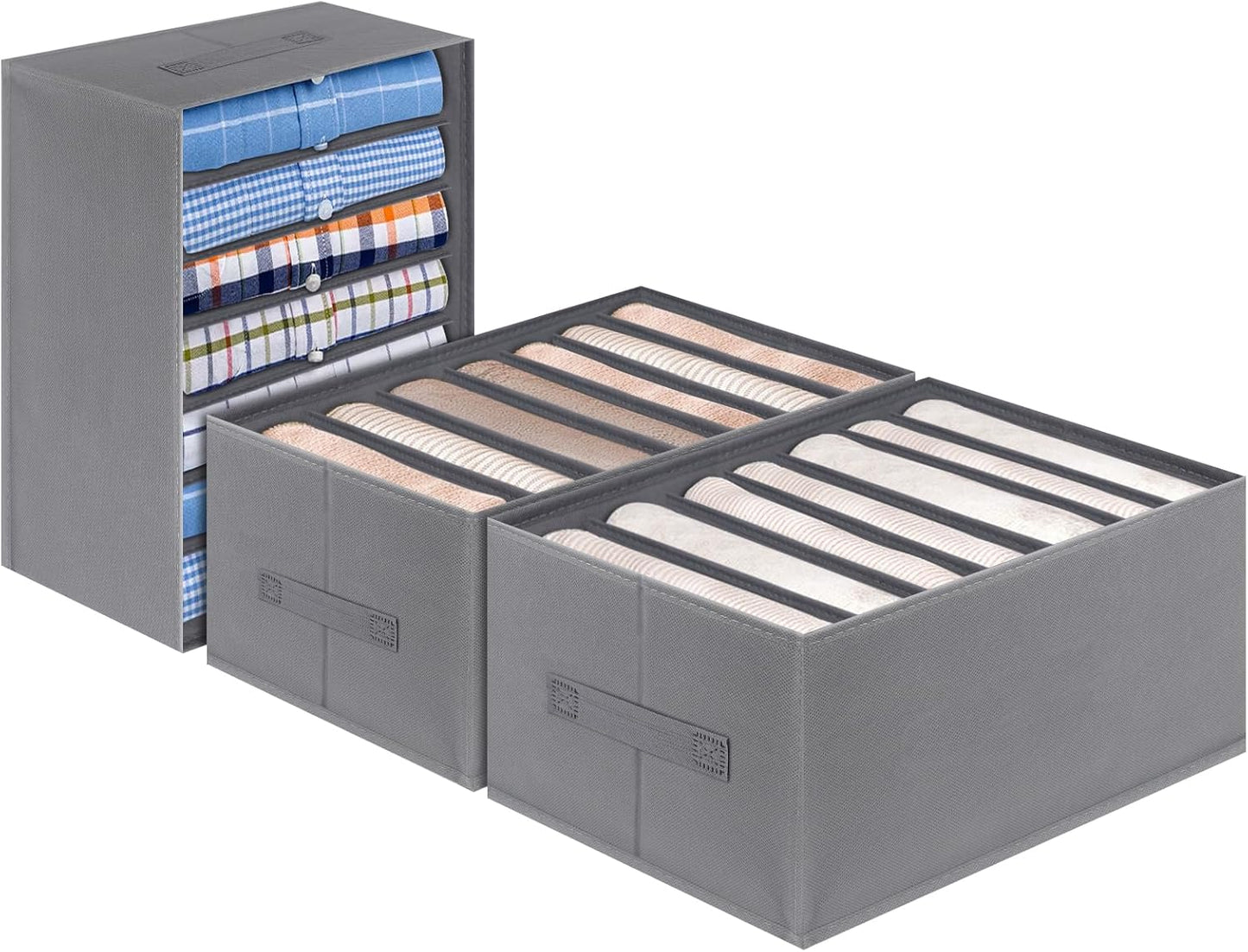 Jeans Organizer for Closet, Foldable Wardrobe Clothes Organizer with Handle, Stackable Closet Clothes Drawer Organizer Tshirts with 7 Grids for Leggings, Sweater, Jean, Pants, Grey (3 PCAK)