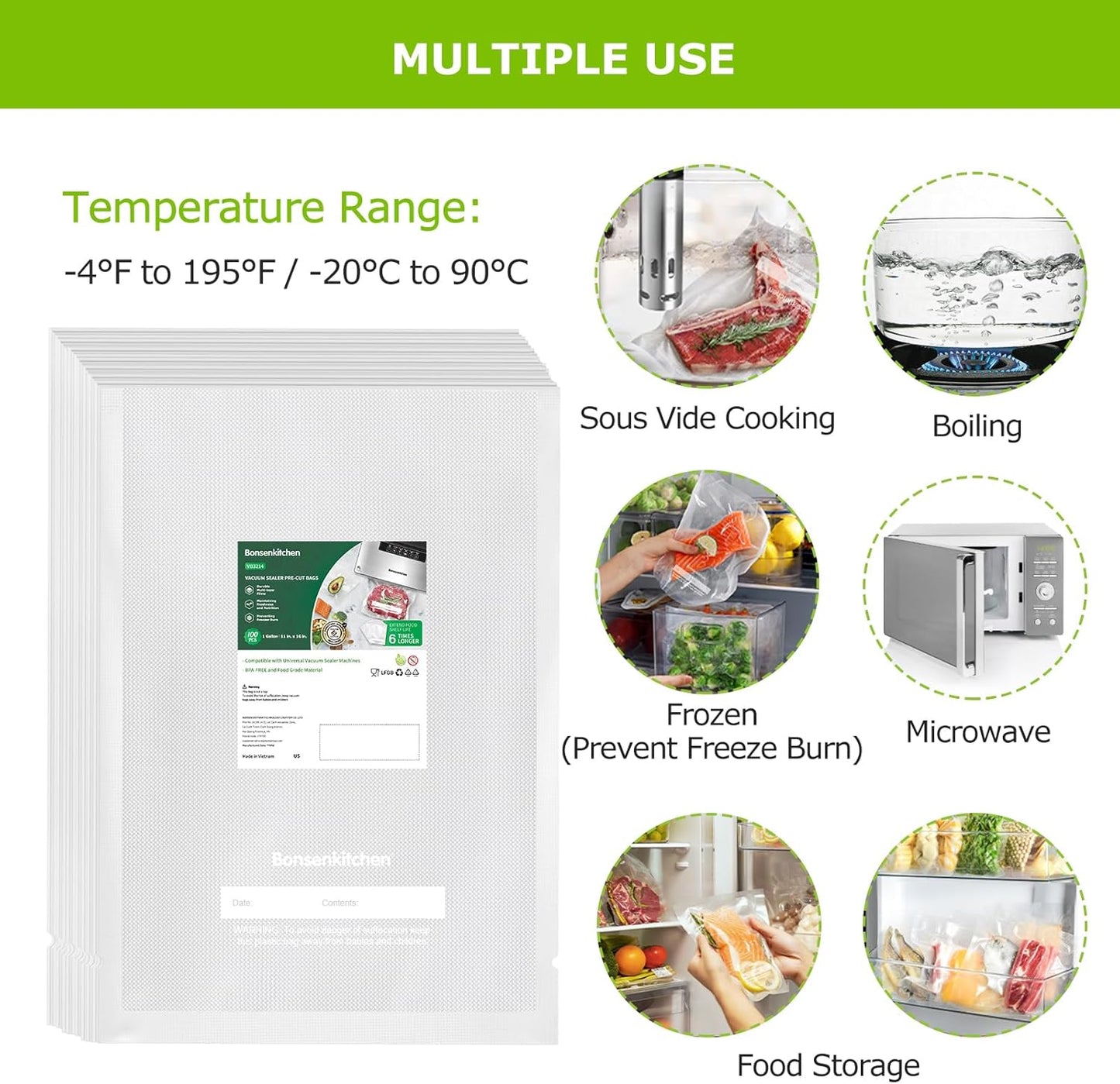 Bonsenkitchen Precut Vacuum Sealer Bags, 100 Gallon 11" x 16" Food Sealer Bags, Food Grade, BPA Free, Heavy Duty, Customized Vacuum Bags for Vac Storage, Meal Prep or Sous Vide Cooking, VB3214