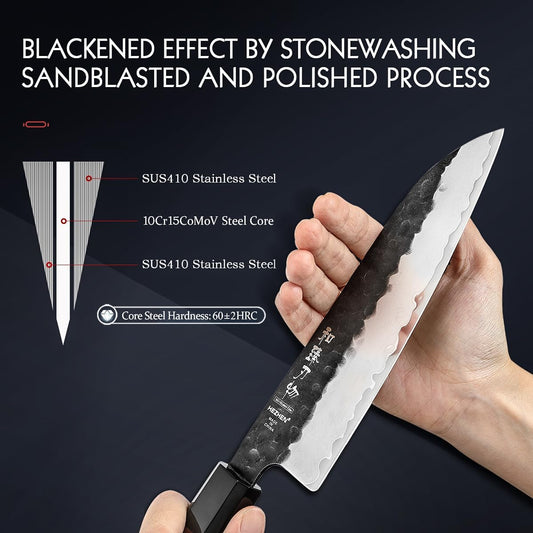 HEZHEN Santoku Knife, 7 Inches, 3 Layers Clad Steel Chef Knife,Professional Japanese Kitchen Knife for Chefs and Home Cooking,Wooden Octagonal Handle