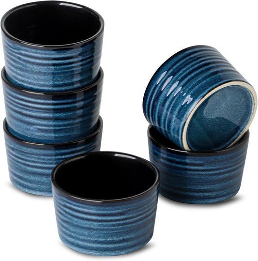 Ramekins 8 oz Oven Safe,Set of 6 Ceramic Souffle Dish Oven Safe for Creme Brulee,Porcelain Creme Custard Cups for Pudding,Creme Brulee,Serving Dip, Custard,Ice Cream,Dishwasher Safe,Blue