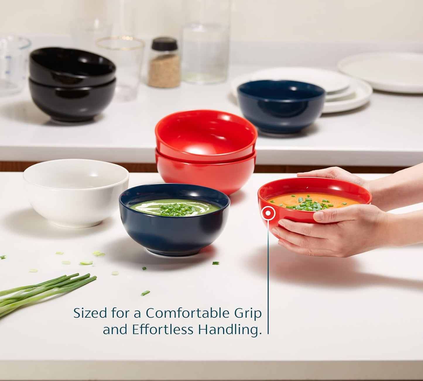 KooK Soup Bowls, Cereal Bowl, Ceramic, Bowls for Kitchen, Microwave, Dishwasher and Freezer Safe, Porcelain Dishes for Pasta, Salad, Oatmeal, Deep Interior, 20 oz, Set of 6, (Navy)