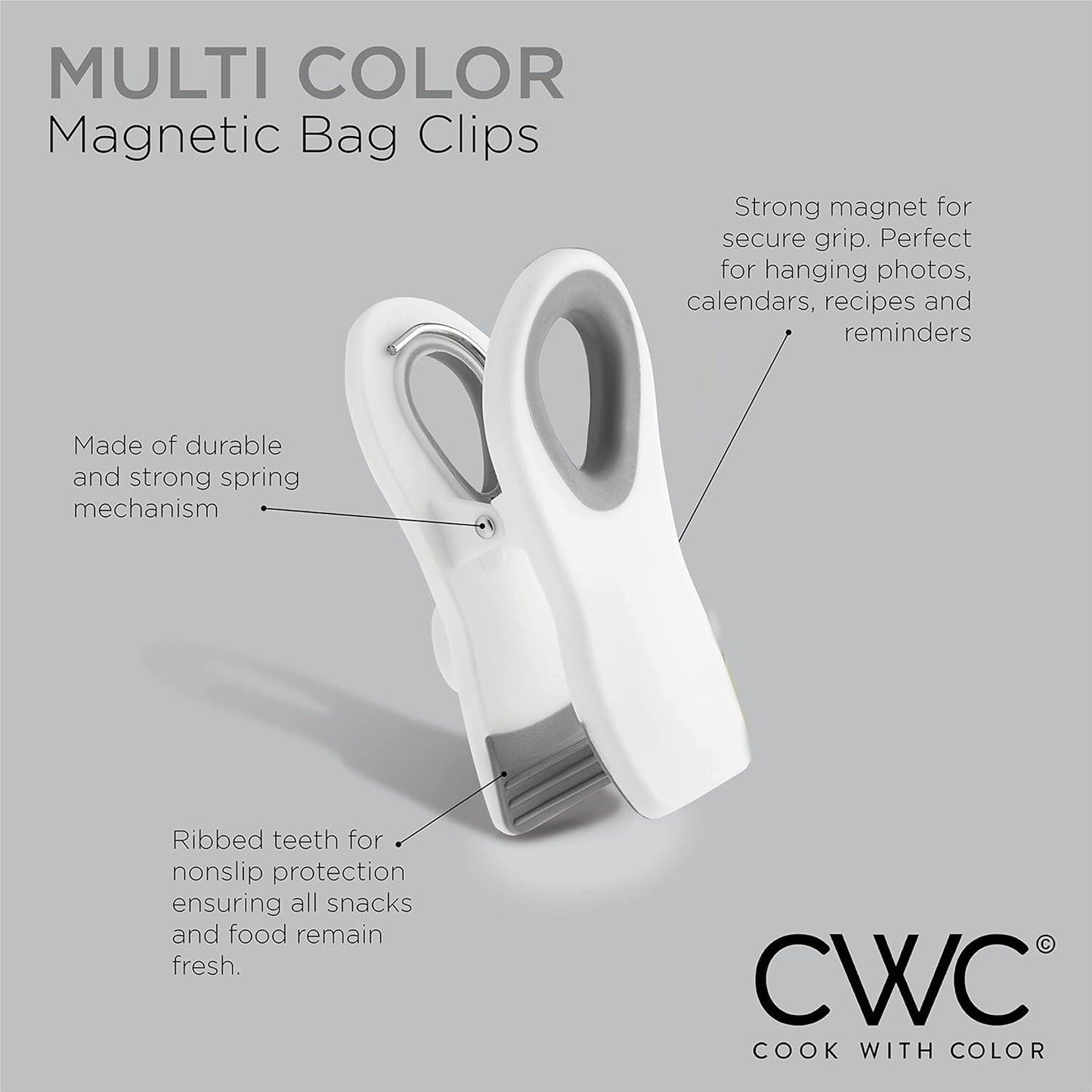 COOK WITH COLOR Bag Clips with Magnet- Food Clips, Chip Clips, Bag Clips for Food Storage with Airtight Seal Grip for Bread Bags, Snack Bags and Food Bags (Yellow and Grey, Pack of 10)