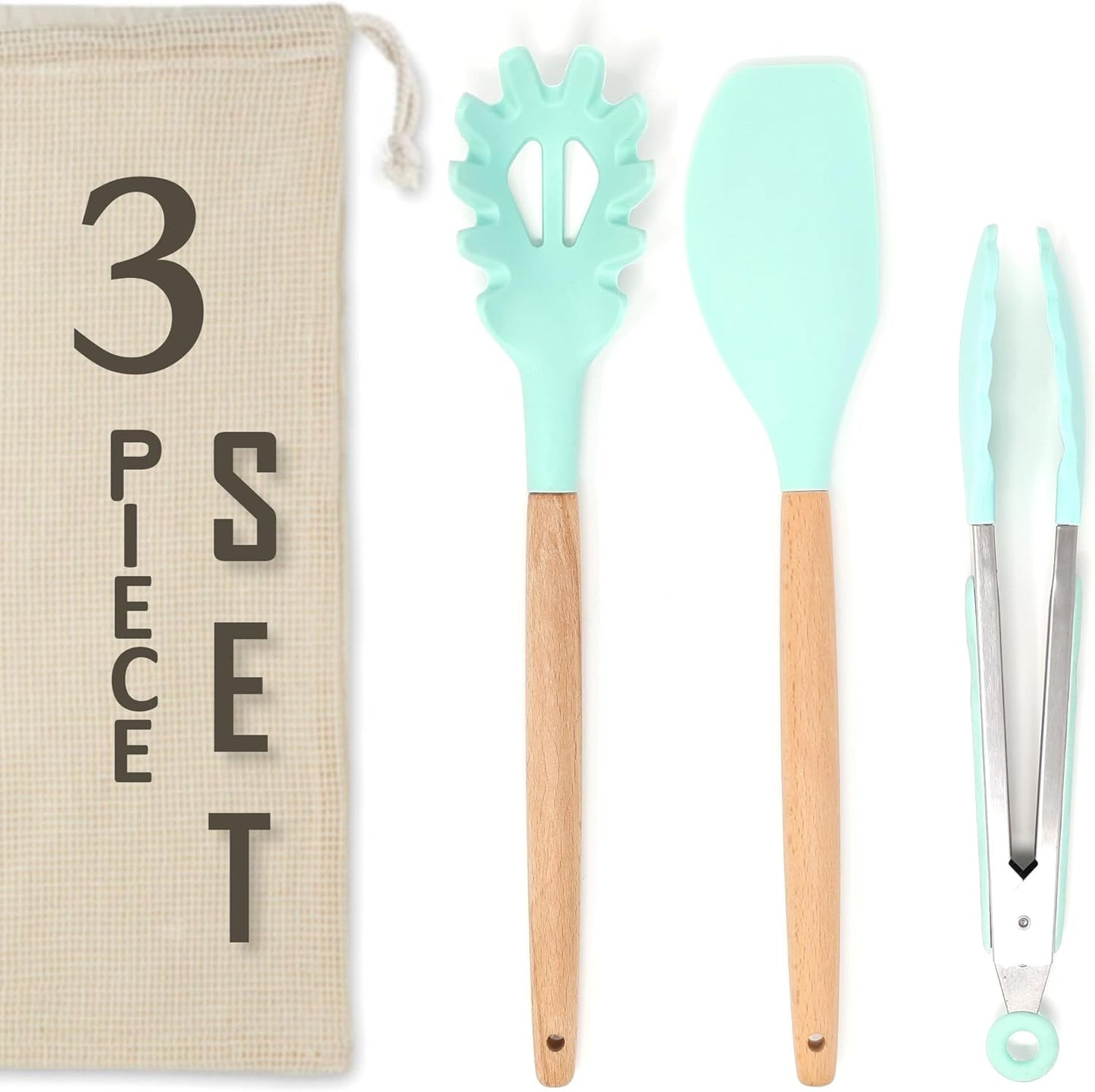 3-Piece Silicone Kitchen Utensil Set - 10" Stainless Steel Tongs, 12.5" Silicone Spatula & Spaghetti Spoon, Heat-Resistant to 500°F, Wood Handles, Non-Scratch, Hanging Loop (Green)