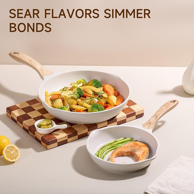 JEETEE 8 Inch Nonstick Frying Pan, Stone Coating Cookware, Nonstick Omelette Pan with Heat-Resistant Handle, Induction Skillet for Eggs(Beige)