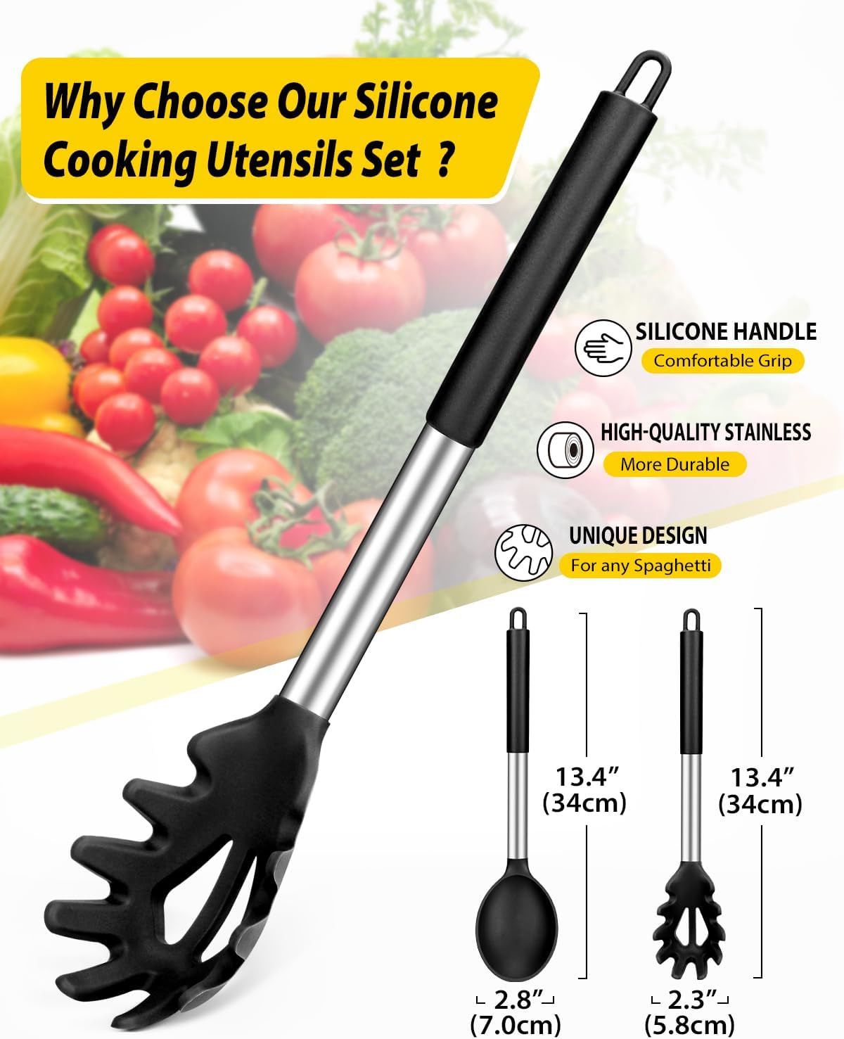 Silicone Pasta Fork and Cooking Spoon Set, Non Stick Kitchen Utensils for Cooking,Stirring,Serving Spaghetti, Soup, Sauce (BLACK)