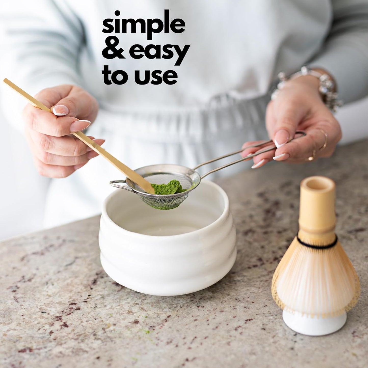 Matcha Whisk Set- Matcha Set includes Matcha Bowl, Sifter, Holder and Scoop- The Perfect Bamboo Whisk for Matcha Tea (White)