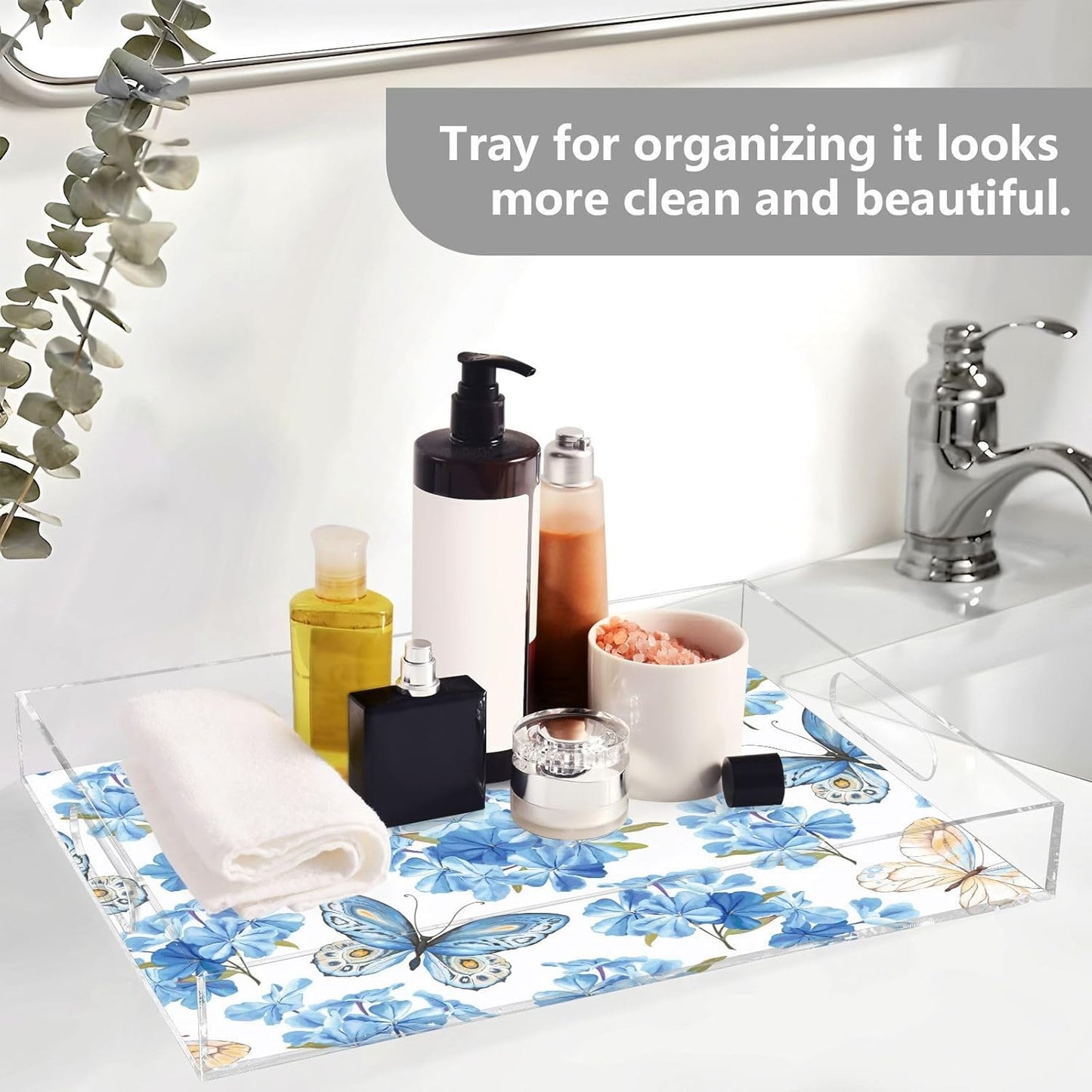 Acrylic Serving Tray with Handles Spill Proof Kitchen Storage Tray Clear Decorative Tray Makeup Drawer Organizer Storage Tray for Bathroom Living Room Ottoman 15.7x11.8Inches