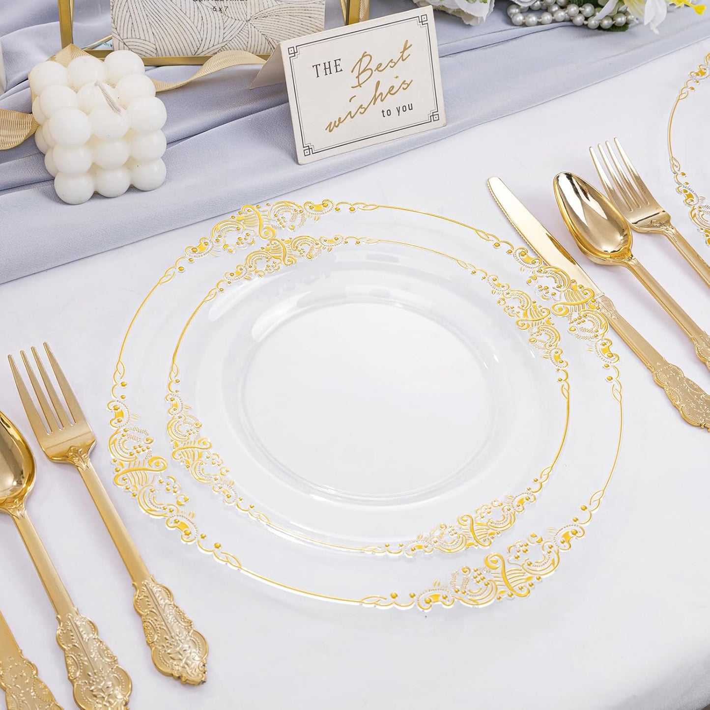 102PCS Clear Gold Plastic Plates - Clear Disposable Plates with Gold Rim - Clear Party Plate Include 51PCS Dessert Plates, 51PCS Dinner Plate for Weddings & Thanksgiving Parties