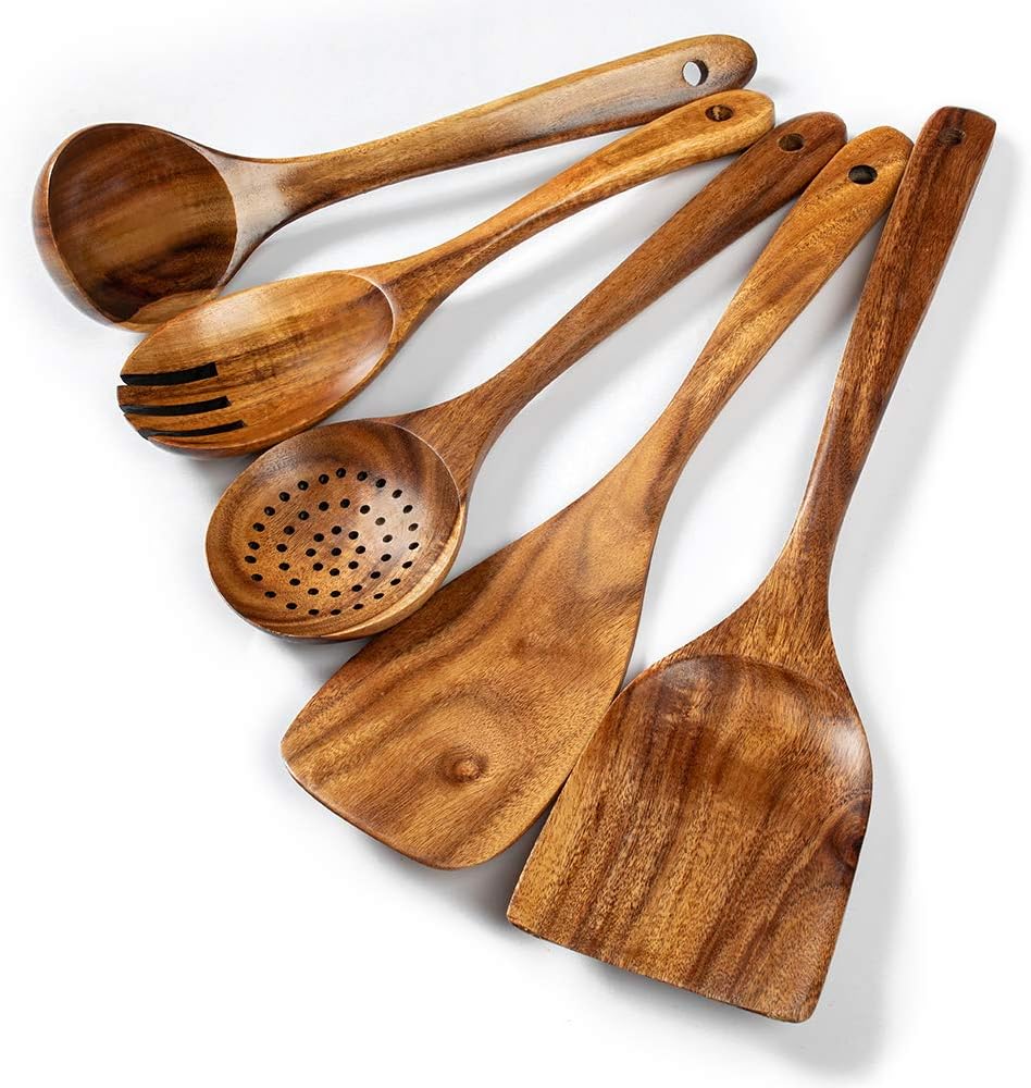 Wood Kitchen Utensils Set, 5 PCs Natural Acacia Wooden Spoons For Cooking for Non-stick Skillet, Utensil set For Cooking With Soup Ladle and Wok Spatulas, Salad fork, Spurtles for Cooking