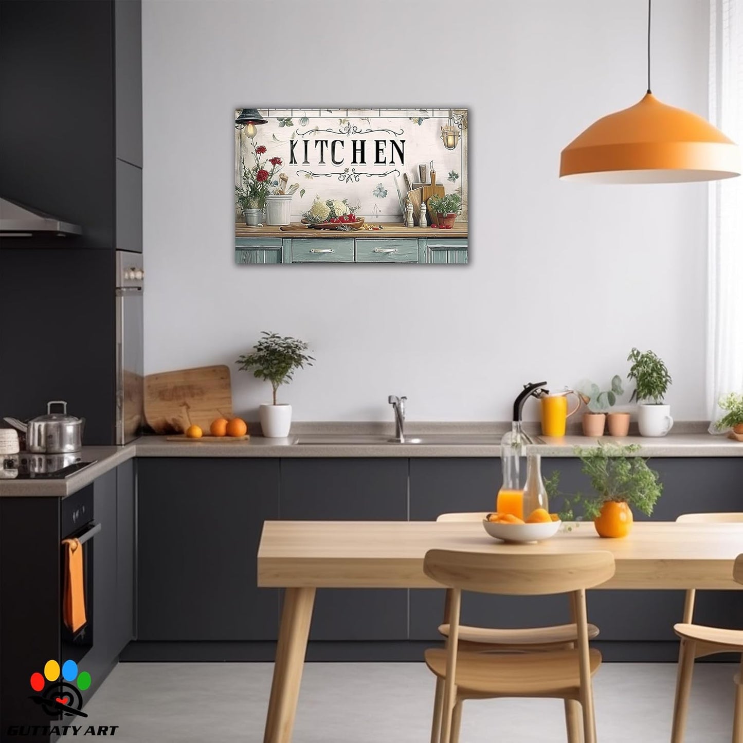 GUTTATY Kitchen Pictures Wall Decor, Farmhouse Wall Art Decor Flowers And Kitchen Utensils Painting for Dinning Room Restaurant Decor, Mother's Day Gift for Grandma Mom Hanging Artwork 24×36 Inch