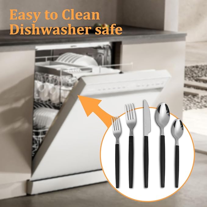 Silverware Sets - 48 PCS 18/0 Food Grade Stainless Steel Silverware Sets Service for 8 Dishwasher Safe, Mirror Polished Flatware Set For Home,Restaurant,Hotel, Wedding, Parties（Black）