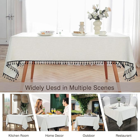 JIALE Textured Tablecloth, Heavy Duty Linen Style Table Cloth Rectangle Tables, Wrinkle-Free Washable Table Cover with Black Tassels for Kitchen, Dining, Parties, 55"x90", White