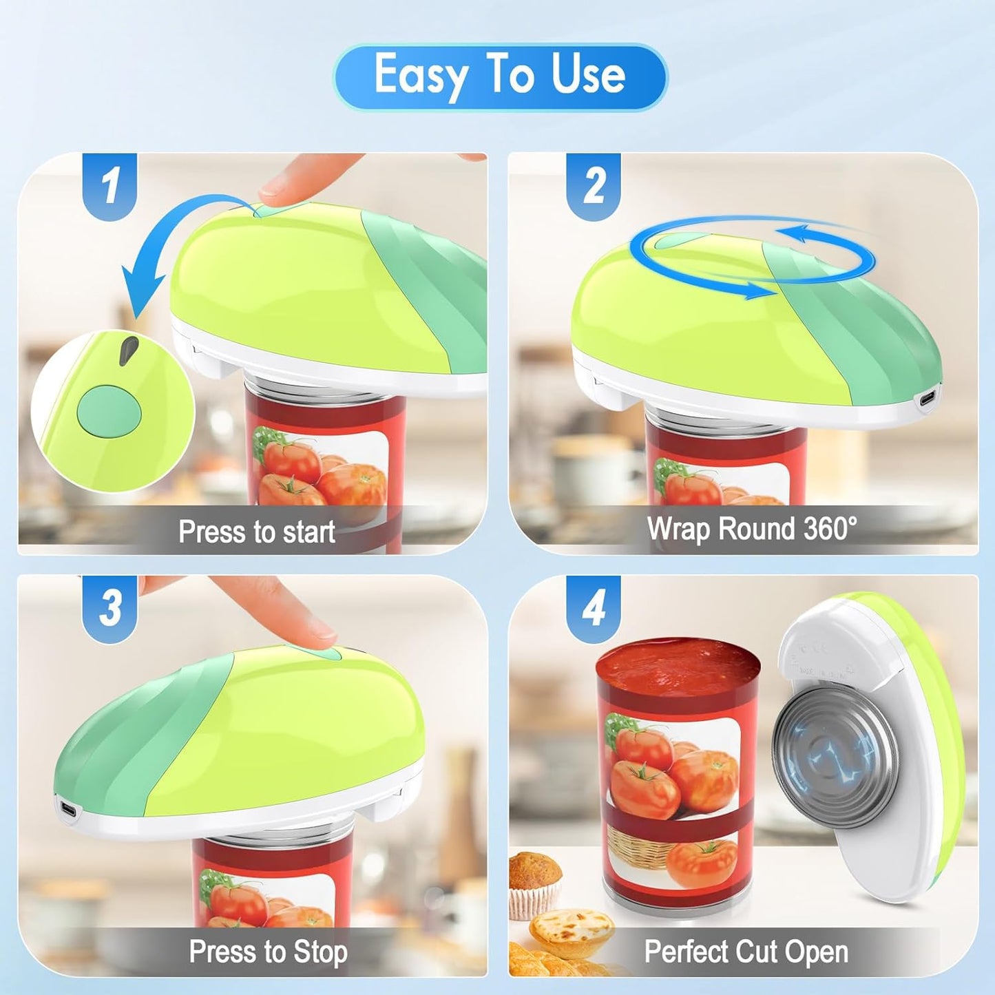 HuiJuKeJi Electric Can Opener, Rechargeable Automatic Can Opener for Seniors with Arthritis, One-Touch Hands-Free Can Opener for Almost Can Sizes, Smooth Edge & Food-Safe Kitchen Gadgets-Green