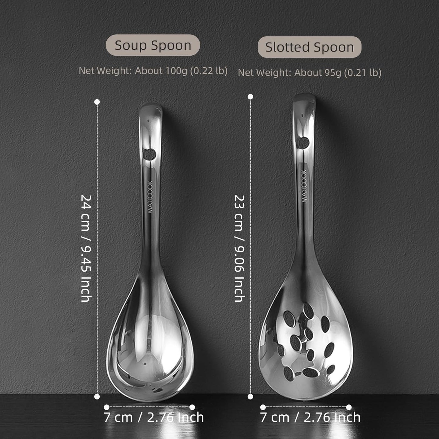 2 Pcs 18/8 Stainless Steel Slotted Spoon Soup Ladle, Kitchen Utensils for Cooking Serving Straining, 9 Inch Cooking Skimmer & SUS 304 Serving Spoons, Ideal for Hot Pot, Salad, Rice, Pasta