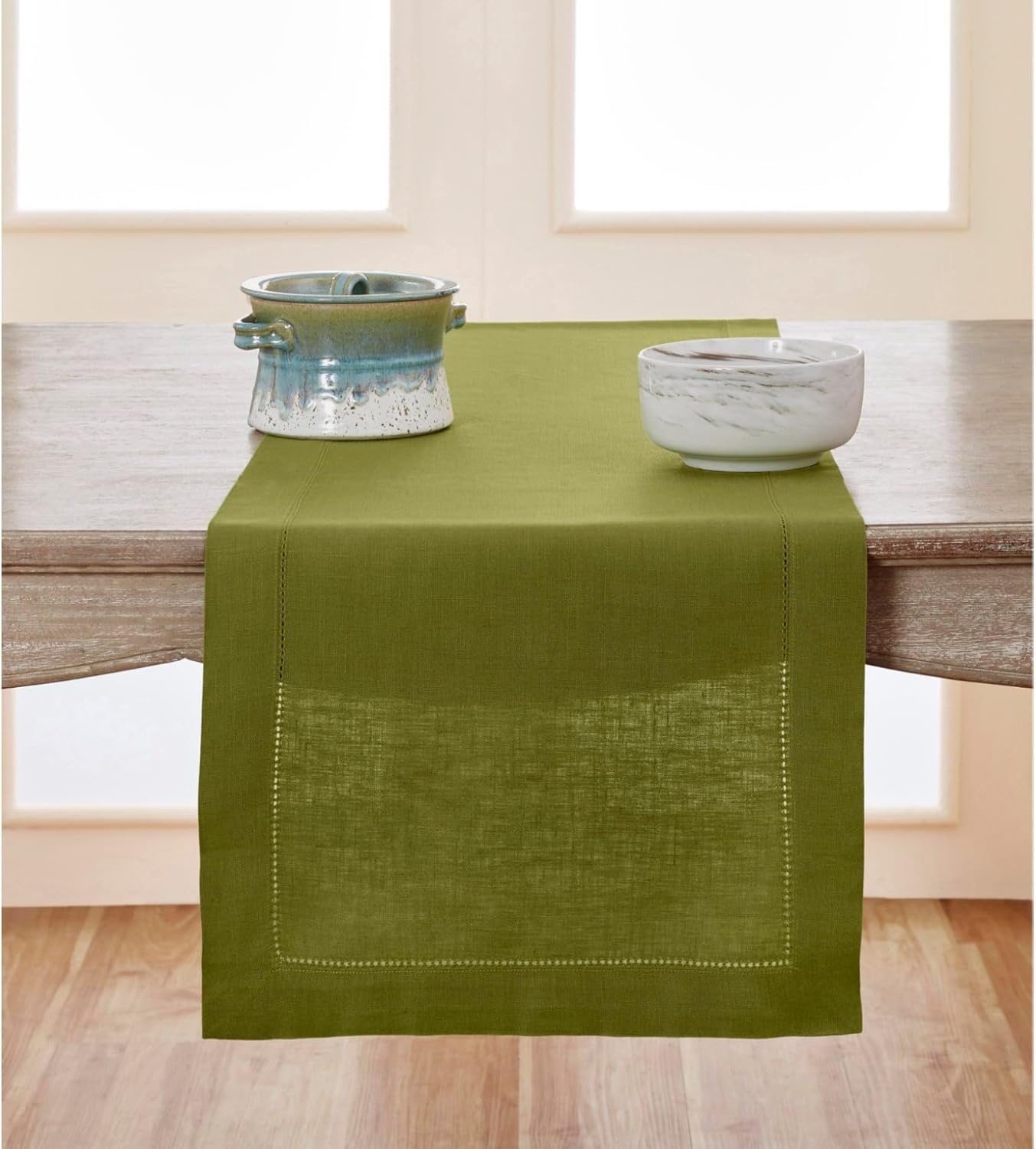 Solino Home Linen Avocado Green Table Runner 72 Inches Long - 100% Pure Linen Hemstitch Table Runner 14 x 72 Inch for Dresser, Dining, Fall, Autumn, Halloween, Thanksgiving - Classic Hemstitch