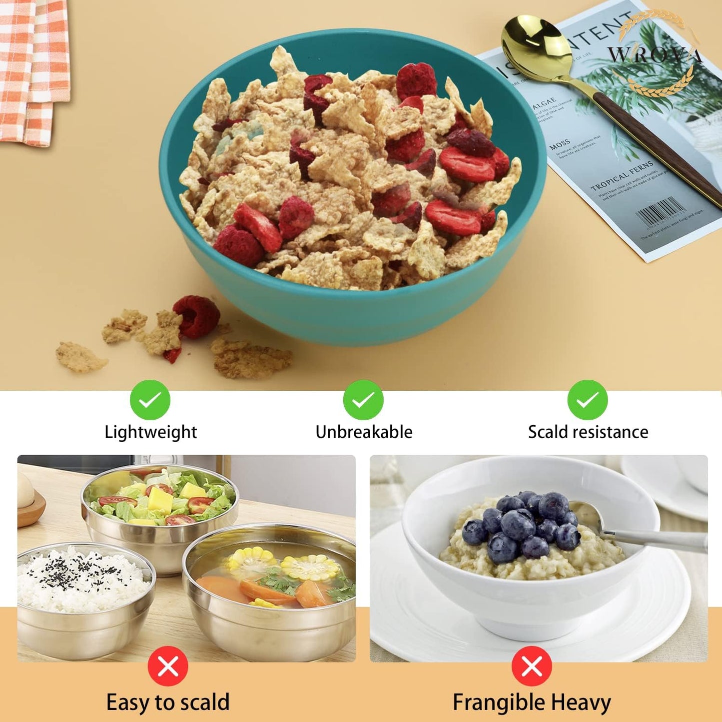 Wheat Straw Bowls Set 60 OZ Unbreakable Large Cereal Bowls Set of 6 Microwave and Dishwasher Safe Bowls Big Bowls for Dorm and Apartment BPA Free Soup Bowl for Serving Oatmeal and Salad (Green)