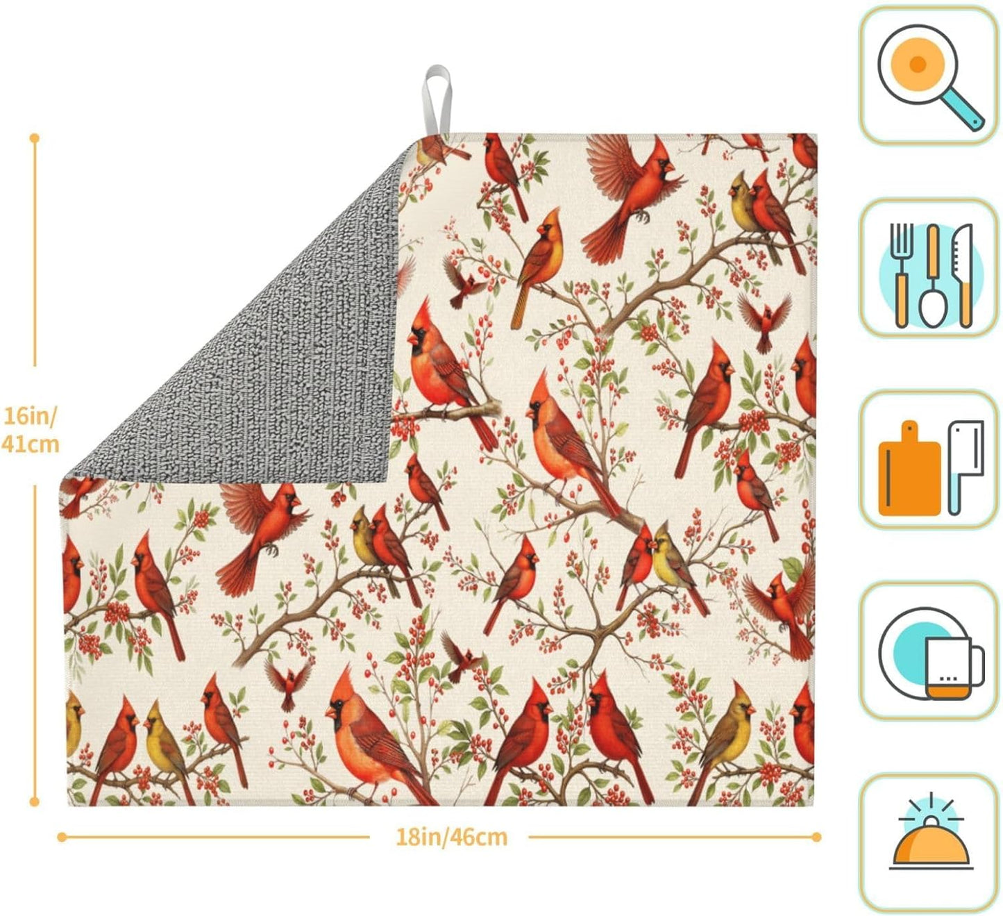 Red Cardinal Bird Floral Dish Drying Mat for Kitchen Counter & Sink, Absorbent Microfiber Christmas Cardinal Drying Pad for Dishes, Foldable Kitchen Mat for Dining Area, Christmas Gifts, 16" x 18" Red