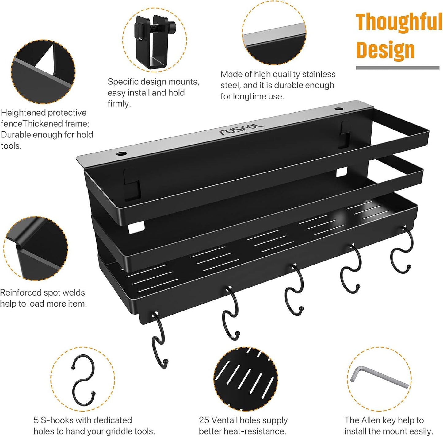 RUSFOL Upgraded Stainless Steel Griddle Caddy for 28"/36" Blackstone Griddles, with a Allen Key, Space Saving BBQ Accessories Storage Box, Free from Drill Hole&Easy to Install
