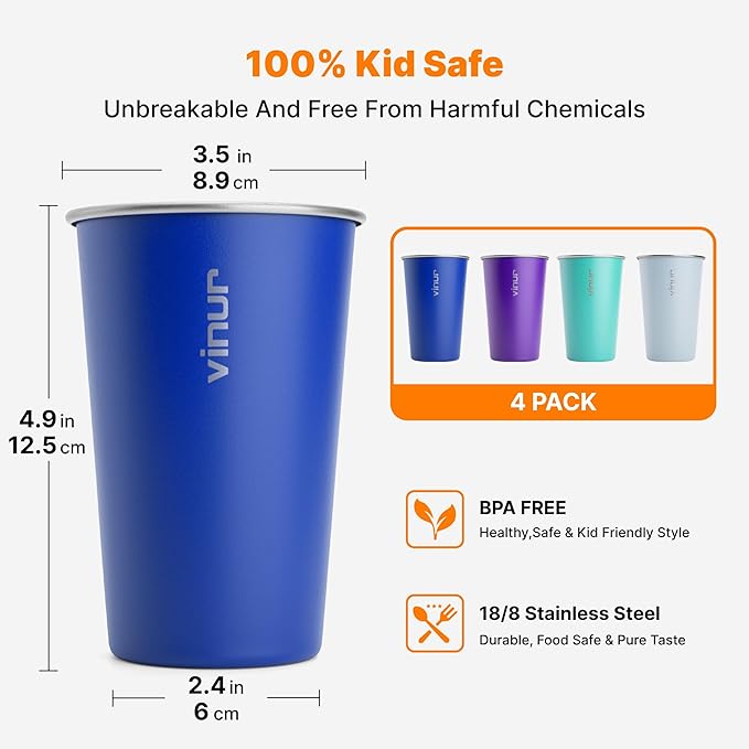 VINUR 4 Pack Stainless Steel Cups 16 oz Pint Tumbler Stackable Metal Drinking Glasses for Travel, Camping, Outdoors (Baby Blue-Navy-Teal-Purple)