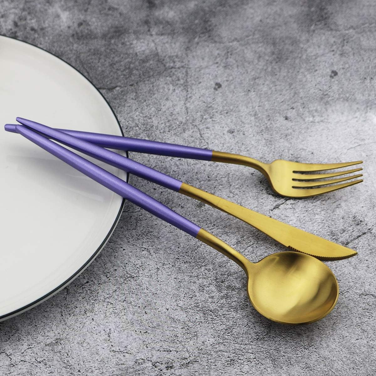 Gugrida 20-Piece 18/10 Stainless Steel Flatware Silverware, Luxury Dinnerware Set Travel Cutlery Tableware Include Knife Fork Spoon Service for 4, Dishwasher Safe (Purple Handle Matte Gold)
